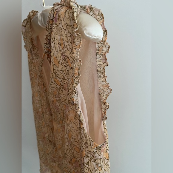 REBECCA TAYLOR Sleeveless Lined Pullover Blouse Ruffle Floral Crinkle Metallic - Picture 7 of 16